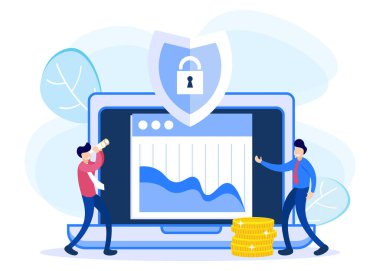 İş koruma konsepti vektör illüstrasyonu. Ticari işbirliği, teminatlı krediler, garantiler, finans, teminat konuları. İnsanlar paralarını ve tasarruflarını kalkanlarla korur..