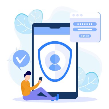 Flat vector illustration Simple scene with online registration. Create an account or log in to a specific site. Click the menu on the button banner to subscribe to marketing.