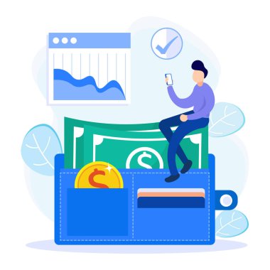 Elektronik cüzdan konsept vektör çizimi. Dijital olarak para, ödemeler ve gelir tasarrufu. Alışveriş için modern bankacılık sistemi