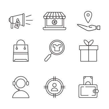 Alışveriş ve e-ticaret simgeleri, semboller, çizgiler koleksiyonu. Basit vektör illüstrasyonu