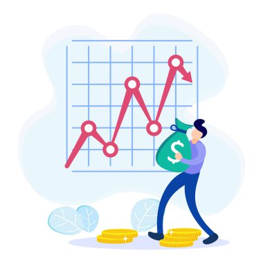 Düz stil analizinde vektör illüstrasyonu ve grafikleri gösteren finansal konsept. İnsanların karakteri kazanç için coşku doludur..