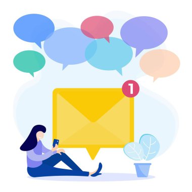 Çevrimiçi iletişim konseptinin düz vektör çizimi. Yeni ileti alınıyor, cep telefonu ekranında bildirim görünüyor.