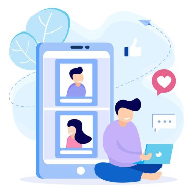 Düz Isometric Vektör Çizimi. İnsan Karakterleri Akıllı Telefon aracılığıyla iletişim kurar ve yeni sosyal medya paylaşımlarına bakar. Kadınlar ve Erkekler, Mobil Uygulamada Fotoğraf İçin Yorum ve beğeni Bırakıyor.