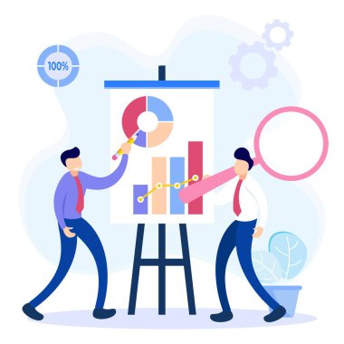 İş konsepti düz vektör çizimi. Ticari faaliyetleri, geliri, geliri ve iş faaliyetlerindeki giderleri olan insanlar.