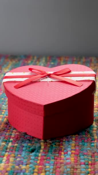 Close Red Heart Shaped Box Woman Opens Box Discovers Full — Video Stock