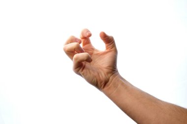 Close-up of very angry man's hand on a white background.