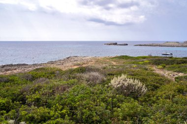 Binibeca, Menorca 'da güzel bir kıyı manzarası. Bereketli yeşillik, sakin denizi uzak kayalarla donatıyor ve gökyüzü bulutlu..