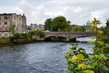 A scenic view of a bridge over a river in a town, featuring historic buildings and lush greenery under a cloudy sky in Ireland.