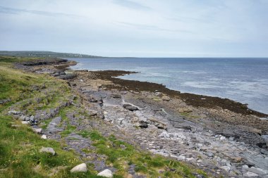 İrlanda 'da kıyı manzarası bulutlu bir gökyüzünün altında kayalık kıyı şeridi ve okyanus barındırır..
