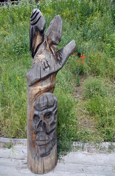 Kijów Ukraina Czerwiec 2021 Figury Ludzi Zwierząt Rzeźbionych Drewna Kompleks — Zdjęcie stockowe