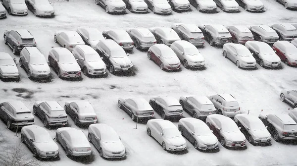 Kyiv Ukraine March 2023 Cars Parking Lot Swept Sticky Snow Stock Picture