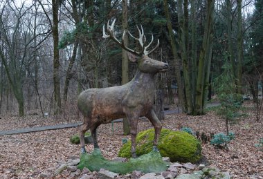 Kyiv, Ukrayna 27 Ocak 2025: Geyik heykeli Ulusal Yaşam ve Çevre Bilimleri Üniversitesi Botanik Bahçesi bölgesindeki tek bir odun parçasından oyuldu 