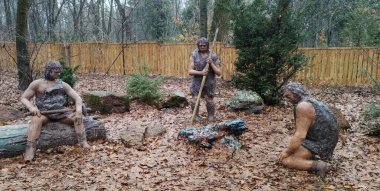 Kyiv, Ukrayna 27 Ocak 2025: Ukrayna Ulusal Yaşam ve Çevre Bilimleri Üniversitesi Botanik Bahçesi topraklarında antik bir mağara adamının heykeli