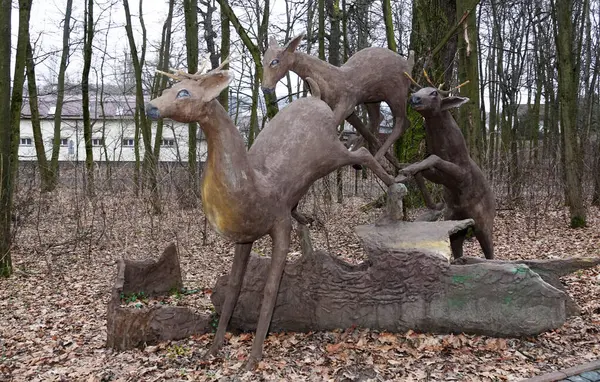 Kyiv, Ukrayna 27 Ocak 2025: Ukrayna Botanik Bahçesi bölgesindeki tek bir odun parçasından oyulmuş bir geyik heykeli