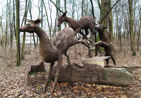 Kyiv, Ukrayna 27 Ocak 2025: Ukrayna Botanik Bahçesi bölgesindeki tek bir odun parçasından oyulmuş bir geyik heykeli