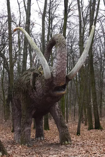 Kyiv, Ukrayna 27 Ocak 2025: Ulusal Yaşam ve Çevre Bilimleri Üniversitesi Botanik Bahçesi topraklarında dev bir mamutun heykeli