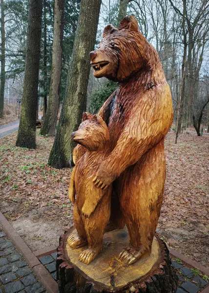 Kyiv, Ukrayna 27 Ocak 2025: Ukrayna Botanik Bahçesi bölgesindeki tek bir odun parçasından oyulmuş yavru ayıyla dişi ayı heykeli
