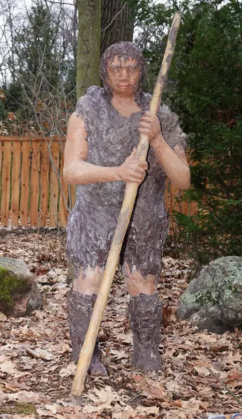 Kyiv, Ukrayna 27 Ocak 2025: Ukrayna Ulusal Yaşam ve Çevre Bilimleri Üniversitesi Botanik Bahçesi topraklarında antik bir mağara adamının heykeli