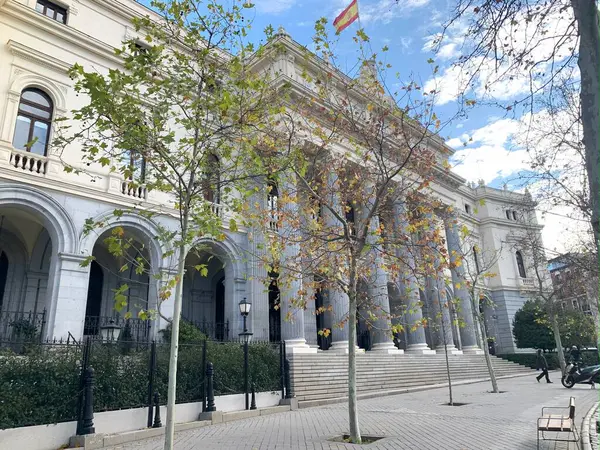 Madrid, İspanya 'da taş sütunlu borsa cephesi. Yüksek kalite fotoğraf