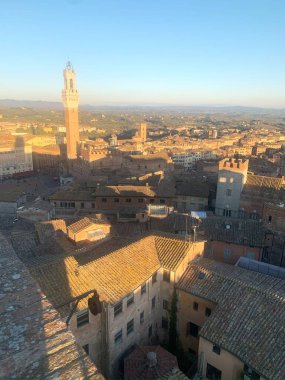 Siena, İtalya 'nın büyüleyici panoramik manzarası, ikonik Torre del Mangia' nın berrak mavi gökyüzüne karşı dimdik durduğunu gösteriyor. Yüksek kalite fotoğraf