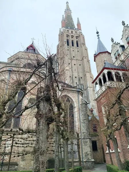 Bruges 'ün ikonik çan kulesinin bir fotoğrafı, uzun, ince bir kule şehrin ufuk çizgisine hakim.