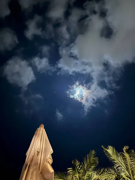 Bu dikey görüntü, ayın dağınık bulutlar arasında parladığı gece gökyüzünün görüntüsünü yakalar ve dramatik ve atmosferik bir etki yaratır.