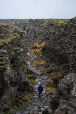Thingvellir Park, İzlanda 'da xarrfoss şelalesine giden yol. İki kıta arasında yürüyebileceğin bir yer..