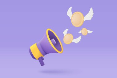 Duyurmak için 3D megafon hoparlörü, yüzen kanatlı paralar için alarm, kayıp para, para tasarrufu, finans, iş yatırım konsepti. 3d hoparlör ikon vektör çizimi illüstrasyonu