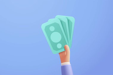Arka plan, para, online ödeme ve ödeme konsepti üzerinde 3D vektör el banknotu tutuyor. 3D 'de iş, finans, yatırım, para tasarrufu, bankaya yatırılan paralar var.