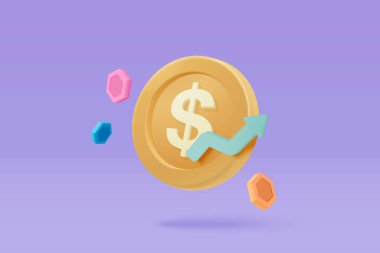 Pastel mor arka planda 3 boyutlu para tasarrufu. Nakit ve yüzen paralarla finans sektörü konseptini değiştirip yatırım yapıyor. Yatırım çizimi için 3d vektör simgesi ticareti