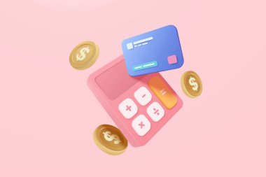 3d asgari hesaplayıcı vektör oluşturma konsepti finansal yönetim. Finansal risk planlama hesaplama, madeni para yığını ve kredi kartı ile hesap makinesi. Pembe pastel arka planda 3D ikon vektörü oluşturma