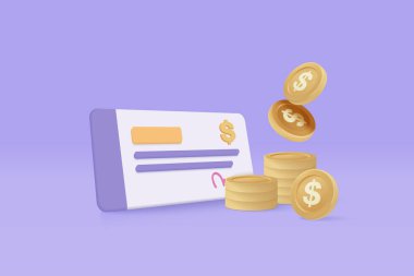 Üç boyutlu banka çeki, para para havalesi, banka ödeme makbuzu. Finansal yıllık hesaplı kompozisyon, hesaplama ve ödeme iş faturası. 3d kontrol simgesi vektör çizimi illüstrasyonu