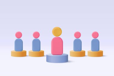 Takım liderinin takım çalışmasının sembolü olan 3 boyutlu insanlar. Problem çözme, insanlarla olan liderlik ilişkilerinde iş mücadelesi, ortaklık kavramı. 3d takım çalışması fikir simgesi vektör çizimi illüstrasyonu