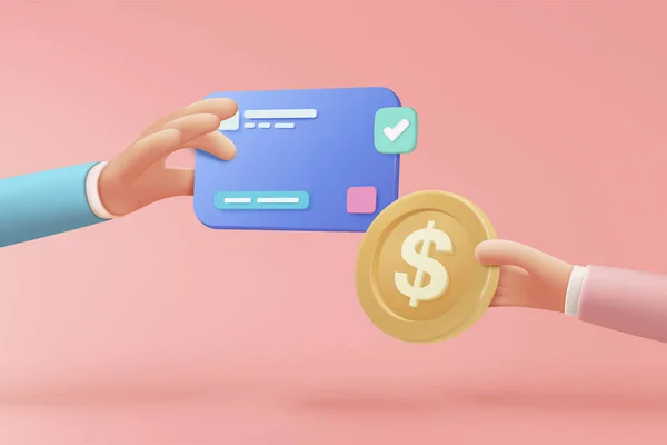 ピンクのパステルカラーの背景にクレジットカードで3Dコイン交換 ビジネスの概念でお金を保持する 金融投資とオンライン決済です 3Dお金交換アイコンのベクトルレンダリングイラスト — ストックベクタ