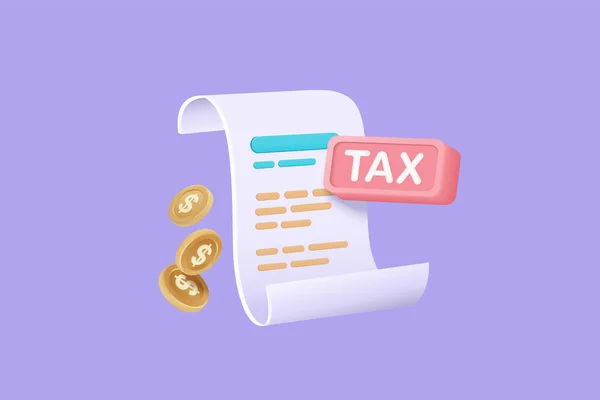 3D税の支払いとクリップボード上のマネーコインとビジネス税チェックリスト 財務会計 計算および請求書の支払いと構成 3D納税ベクトルのアイコンのレンダリングイラスト — ストックベクタ