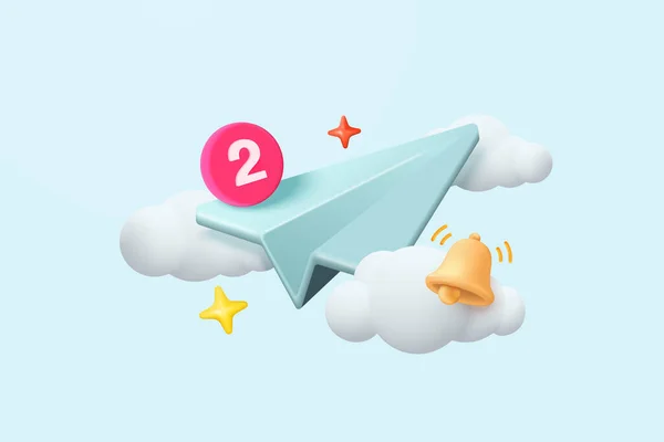 新しいメッセージのためのベル通知と3D紙飛行機メールアイコン 最小限の電子メールは ソーシャルメディアオンラインマーケティングに手紙を送った ニュースレターを購読しなさい 3D平面飛行アイコンのベクトルレンダリングイラスト — ストックベクタ