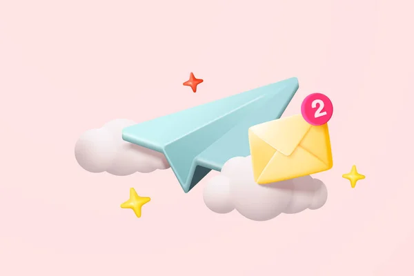 3D纸飞机邮件图标云发送新的信息 最小的电子邮件发送到社交媒体在线营销 订阅新闻通讯 3D平面飞行图标矢量渲染示例 — 图库矢量图片