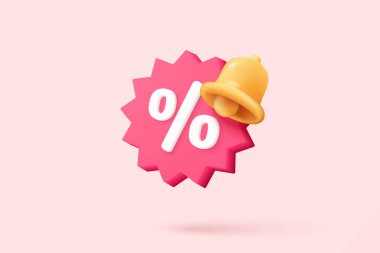 3d tag price icon with bell notification for discount coupon online. sales with an excellent offer for shopping, special offer promotion reminder. 3d price tags icon vector render illustration