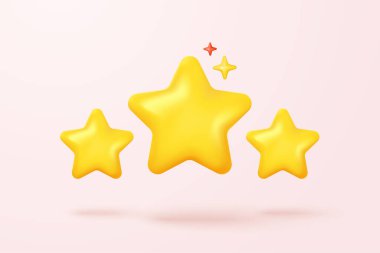 3d yellow stars glossy color icon for game on pink background. Customer rating feedback from client about employee of UI website concept. 3d star quality icon vector with shadow render illustration