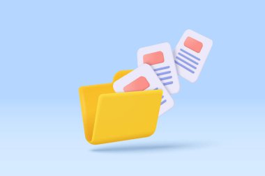 3d file transfer of document in folder, file transfer encrypted form, connection docs information migration concept. Access to remote file and folder. 3d document exchange vector render Illustration