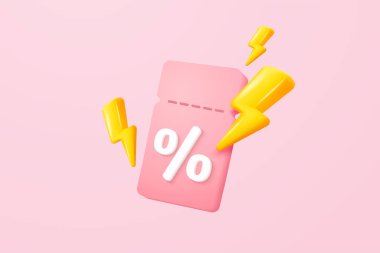 3D thunder bolt icons with coupon for sales and shopping online, discount coupon of cash. flash lightning on time alert notice special offer promotion. 3d price tags icon vector render illustration