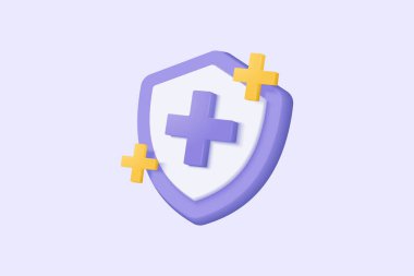 Beyaz arkaplanda 3 boyutlu mor artı işaret simgesi var. İlk yardım ve asgari sağlık hizmetlerinin çizgi film ikonu. Acil yardımın tıbbi sembolü. 3d yardım vektör çizimi çizimi