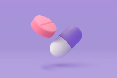 3d pharmacy drug for health pharmaceutical on purple background. Cartoon minimal of first aid and health care. Medical symbol of emergency help. 3d aid medicine icon vector render illustration