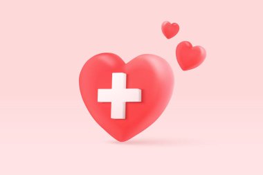 3d red heart with plus sign icon in pink background. heartbeat or cardiogram for healthy lifestyle, pulse beat measure, cardiac assistance, medical healthcare. 3d aid vector icon render illustration