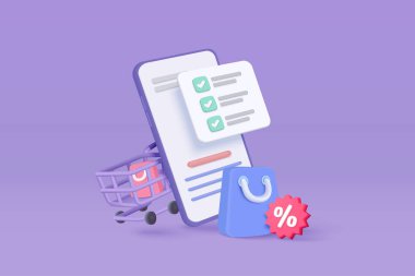 3d mobile phone with price tags for online shopping concept. Basket with promotion tag discount coupon of cash for future, check list for promotion. 3d price tags icon vector render illustration