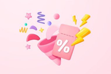 3d party poppers with flying confetti and tags sale promotion. Firecracker explodes with ribbon explode for surprise, online shopping in new year sale. 3d promo icon vector render illustration