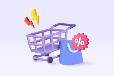 3d shopping bag with price tags for online shopping and digital marketing concept. Basket and promotion tag on purple background. Shopping bag for buy, sale, discount. 3d vector icon illustration