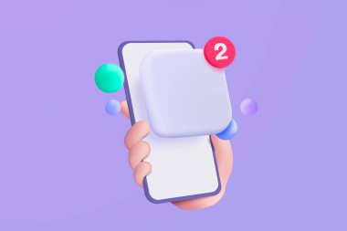 3D blank app icon with notification alert speech bubble, online social comment push notice on mobile phone in holding hand, chat with social media. 3d reminder icon vector render illustration
