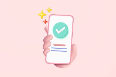 3d check mark icon isolated on mobile phone in holding hand. check list button best choice for right, success, tick, accept, agree on application. 3d mark icon vector with shadow render illustration