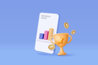 3D mobile phone funding business graph with prize, gold winners stars for trading smartphone. Graph growing business concept for finance, business investment. 3d money coin vector icon illustration